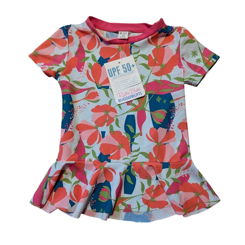 RuffleButts Jeweled Stems Peplum Rash Guard Swim Top Girls 4T Pink Blue Sunshirt